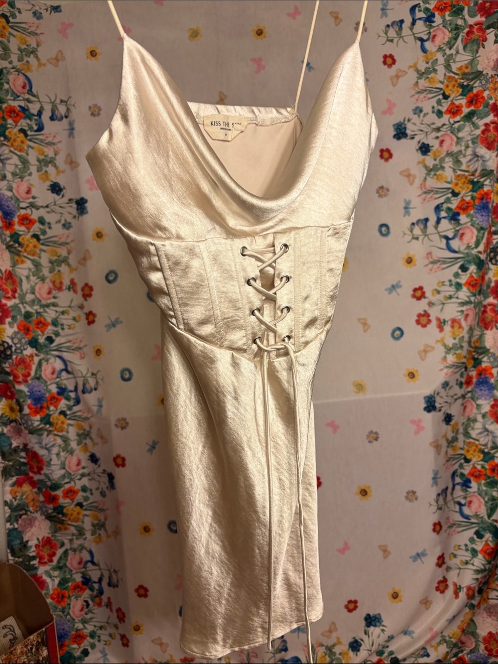 Kiss The Sky - Ivory Satin Mini Dress with Corset Lacing